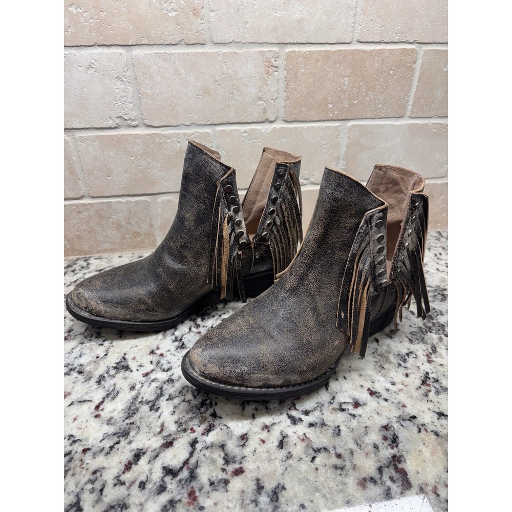 Circle G By Corral Black Leather Women's Fringe Western Ankle Booties Q5089 6.5